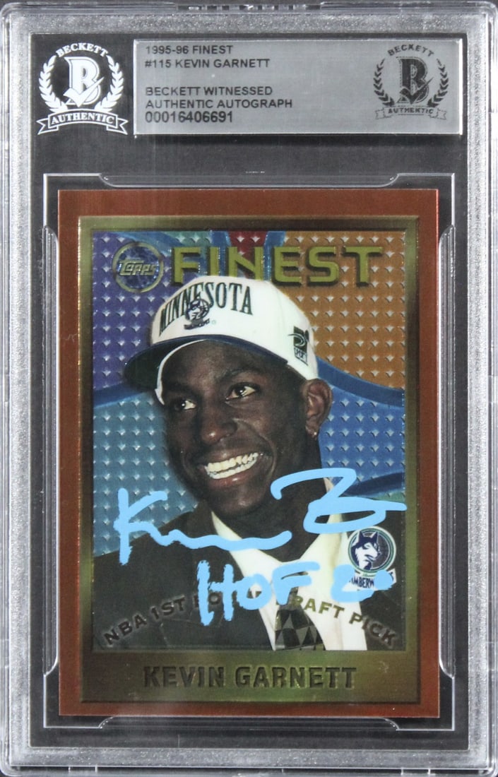 Kevin Garnett autographed 1995-96 Finest #115 rookie card Beckett authenticated: Kevin Garnett autographed 1995-96 Finest #115 rookie card Beckett authenticated Autographed 1995-96 Finest #115 rookie card featuring Kevin Garnett of the Minnesota Timberwolves, with the inscription 