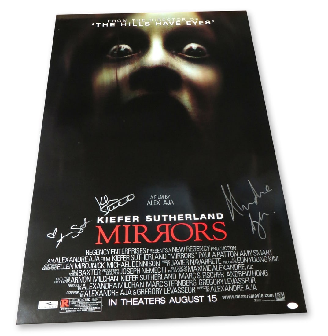 Kiefer Sutherland Amy Smart Alex Aja Signed 27x40 Poster JSA Authenticated: Kiefer Sutherland Amy Smart Alex Aja Signed 27x40 Poster JSA Authenticated This is an original 27x40 poster featuring signatures from Kiefer Sutherland, Amy Smart, and Alex Aja. The poster is authenti