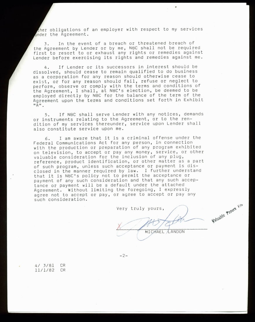 1982 NBC Contract Signed by Michael Landon PSA/DNA Certified: 1982 NBC Contract Signed by Michael Landon PSA/DNA Certified This is an original 1982 National Broadcasting Company contract that has been personally signed and autographed by Michael Landon. The cont