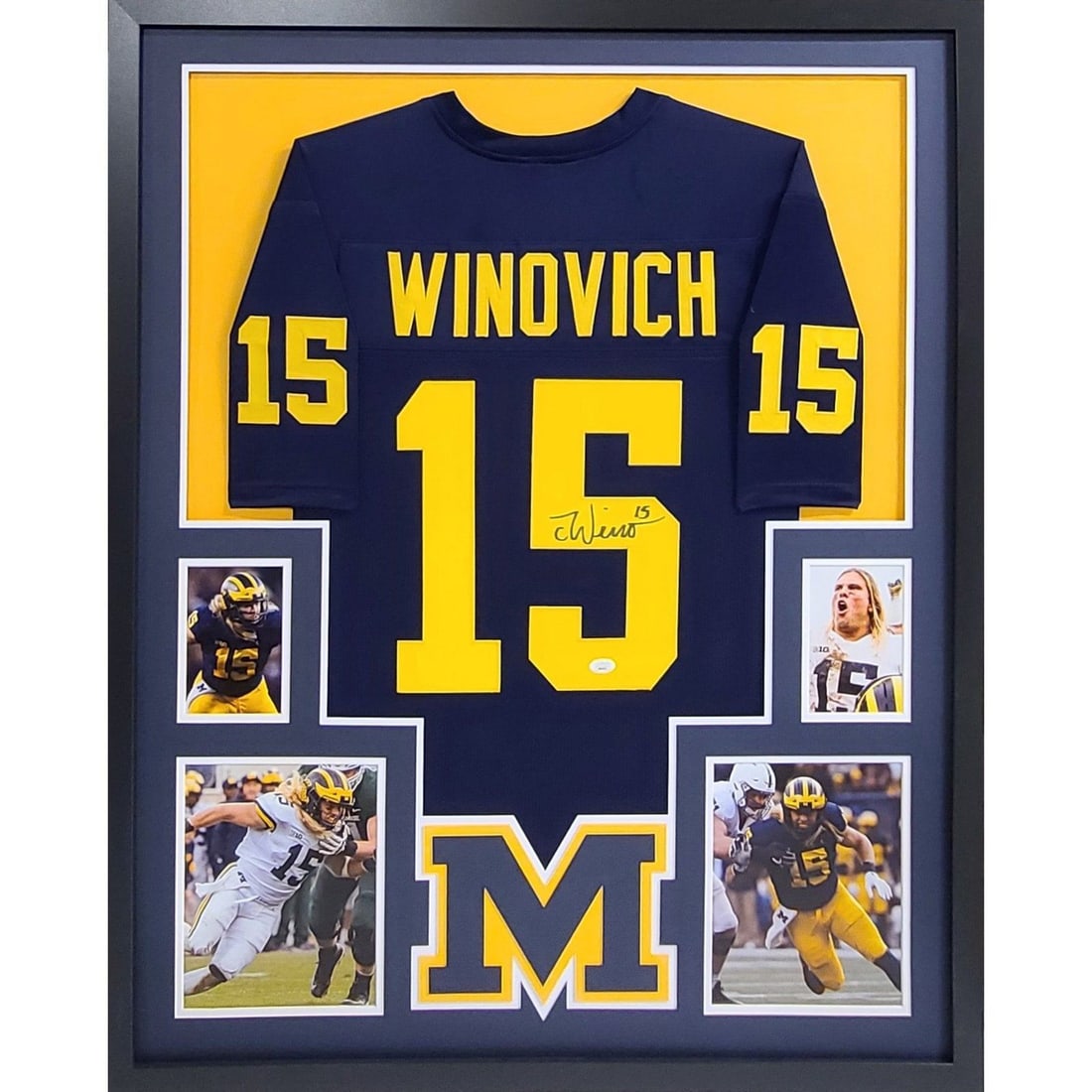 Framed Michigan Jersey Signed by Chase Winovich JSA Authenticated: Framed Michigan Jersey Signed by Chase Winovich JSA Authenticated This is a framed Michigan football jersey autographed by Chase Winovich. The jersey is authenticated by JSA and features a tamper-proo