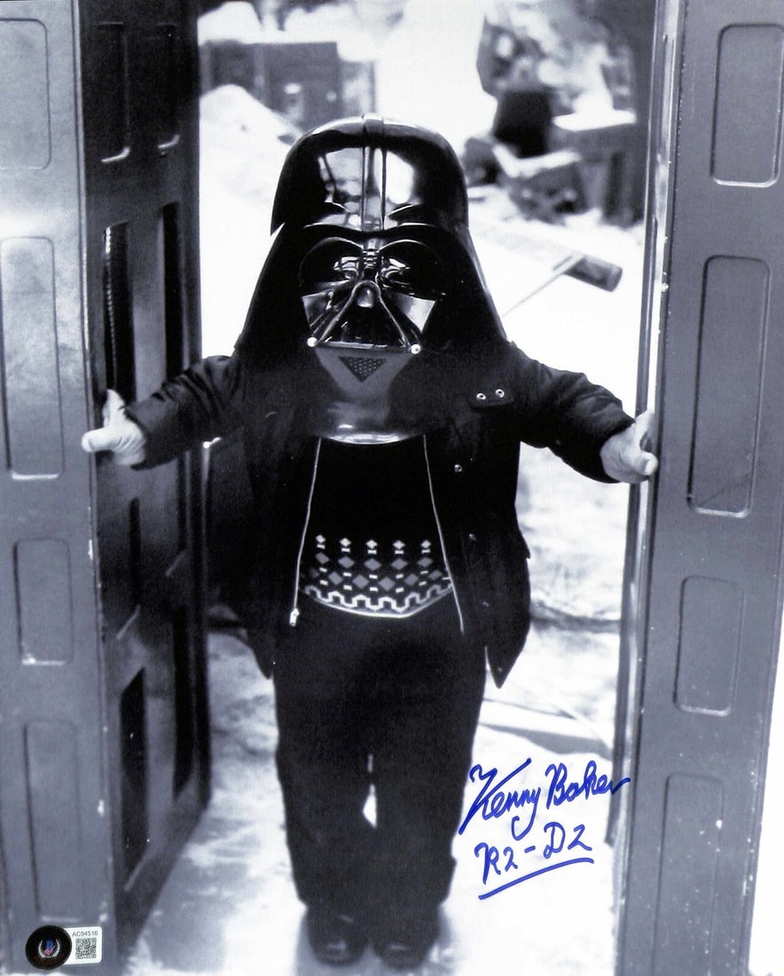 11x14 Photo Signed by Kenny Baker R2-D2 Beckett 10 Darth Vader Mask Image: 11x14 Photo Signed by Kenny Baker R2-D2 Beckett 10 Darth Vader Mask Image This is an original 11x14 photograph featuring the BHS Darth Vader mask, personally signed by Kenny Baker, known for his role 