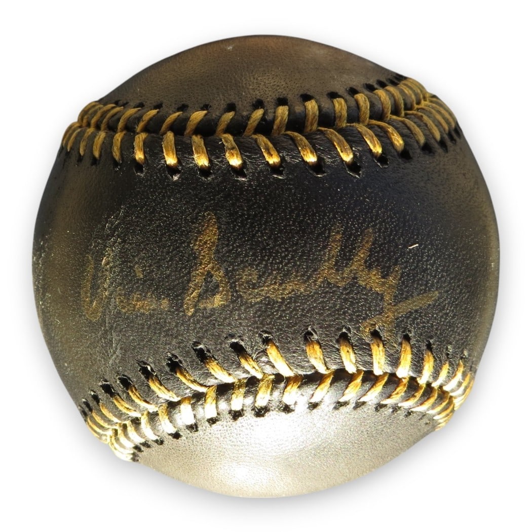 Vin Scully Autographed Black Baseball Dodgers Beckett Authenticated: Vin Scully Autographed Black Baseball Dodgers Beckett Authenticated This is an original black baseball autographed by Vin Scully, the legendary broadcaster for the Los Angeles Dodgers and Hall of Fame