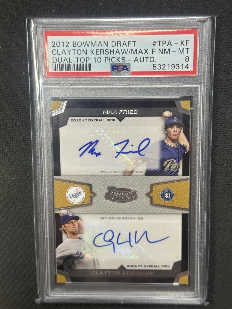 2012 Bowman Draft Clayton Kershaw Max Fried Dual Auto PSA 8 #TPAKF: 2012 Bowman Draft Clayton Kershaw Max Fried Dual Auto PSA 8 #TPAKF This is a highly collectible 2012 Bowman Draft Top 10 Dual Autograph Baseball Card featuring the signatures of Clayton Kershaw and Ma