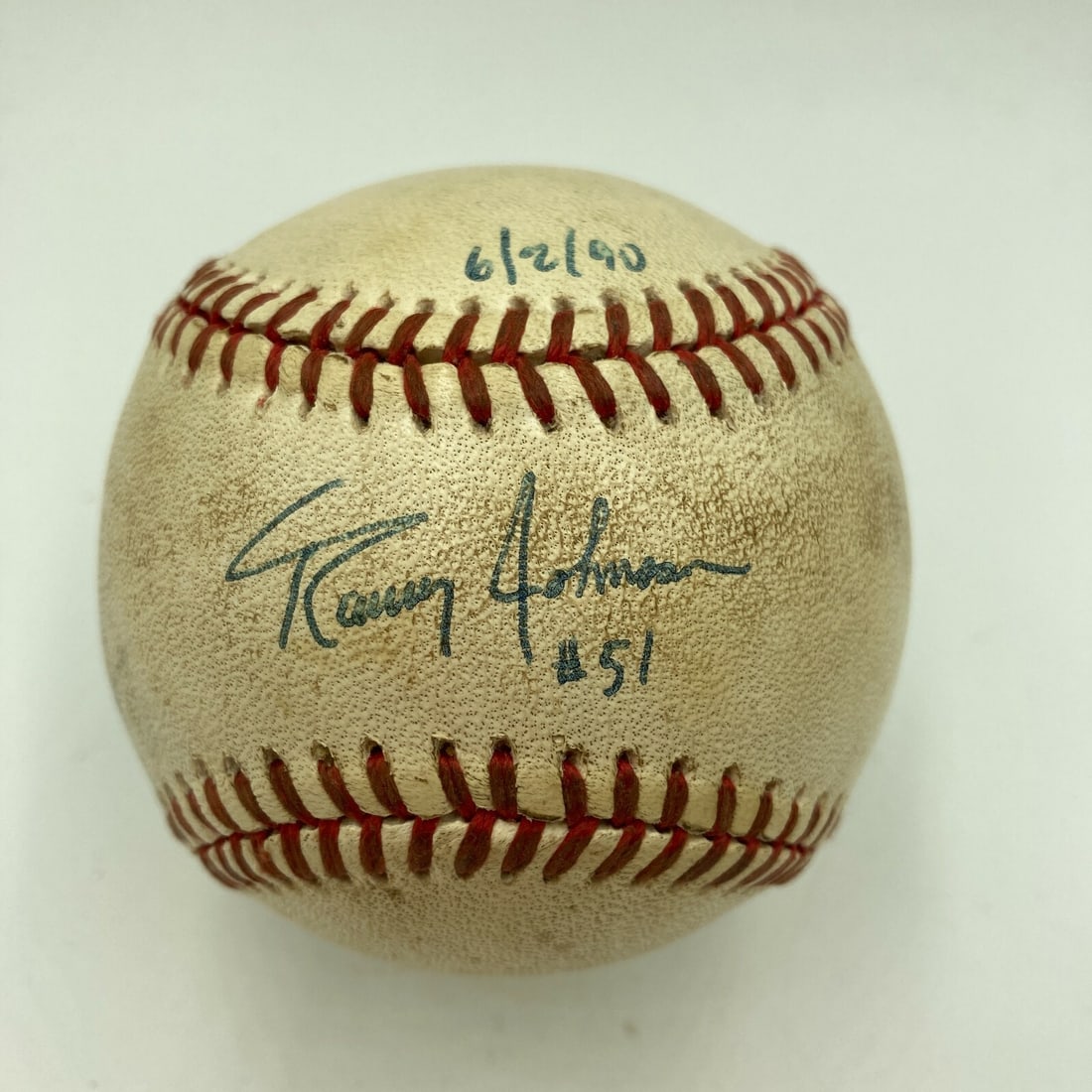 Game Used Baseball Signed by Randy Johnson from First No Hitter 6-2-1990 with COA: Game Used Baseball Signed by Randy Johnson from First No Hitter 6-2-1990 with COA This is an original game-used baseball from June 2, 1990, signed and inscribed by Randy Johnson to commemorate his fir
