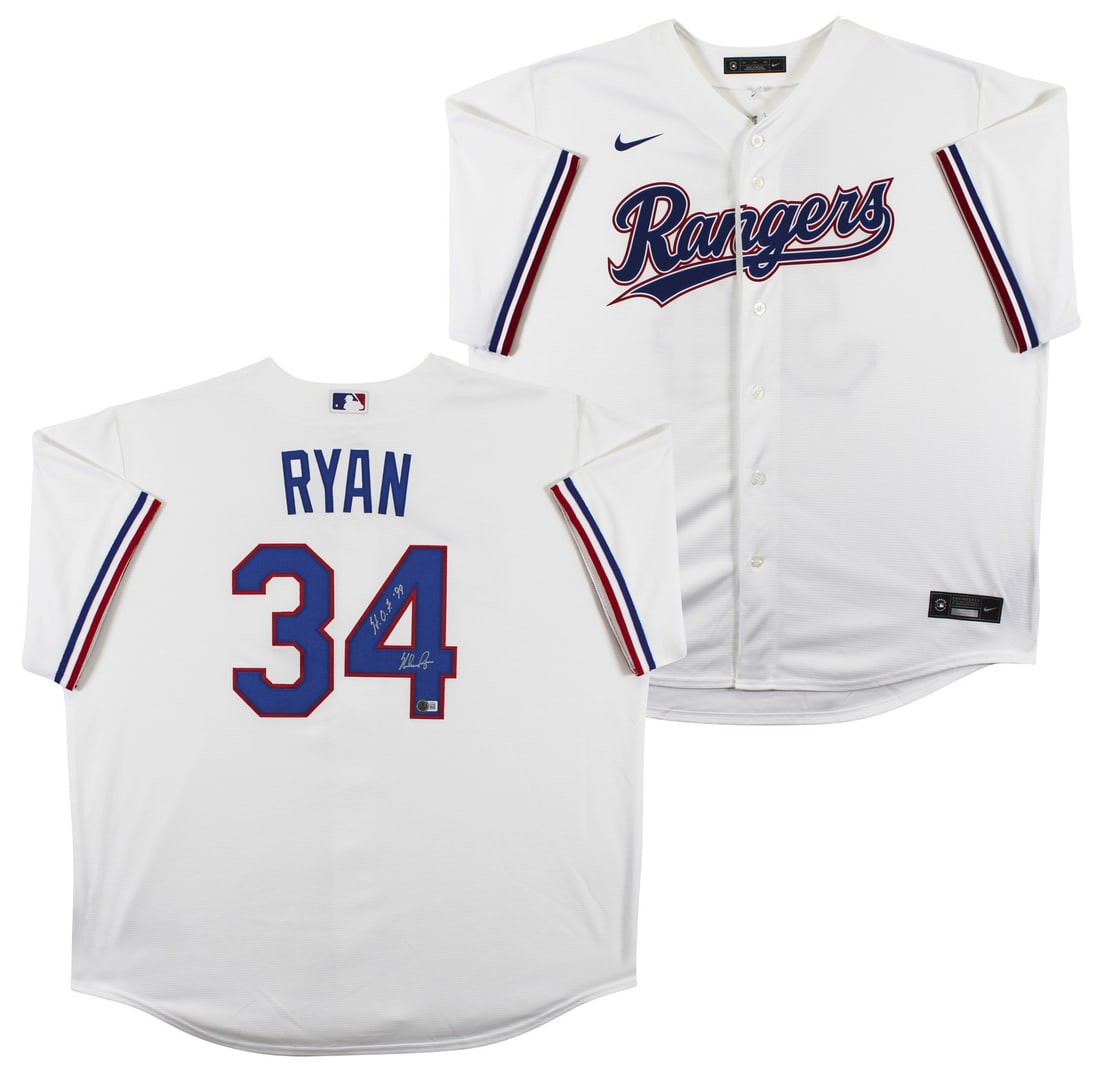 Nolan Ryan Texas Rangers Signed Jersey HOF 99 Beckett Authenticated: Nolan Ryan Texas Rangers Signed Jersey HOF 99 Beckett Authenticated This authentic white Nike jersey, personally signed by baseball legend Nolan Ryan, features the inscription "HOF 99". Representing t