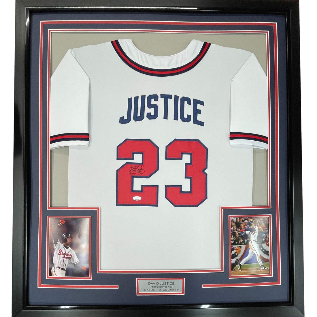 Framed David Justice Autographed Jersey Atlanta Braves JSA COA 35x39: Framed David Justice Autographed Jersey Atlanta Braves JSA COA 35x39 Showcase your love for baseball with this professionally framed and matted autographed David Justice jersey. This original Atlanta 