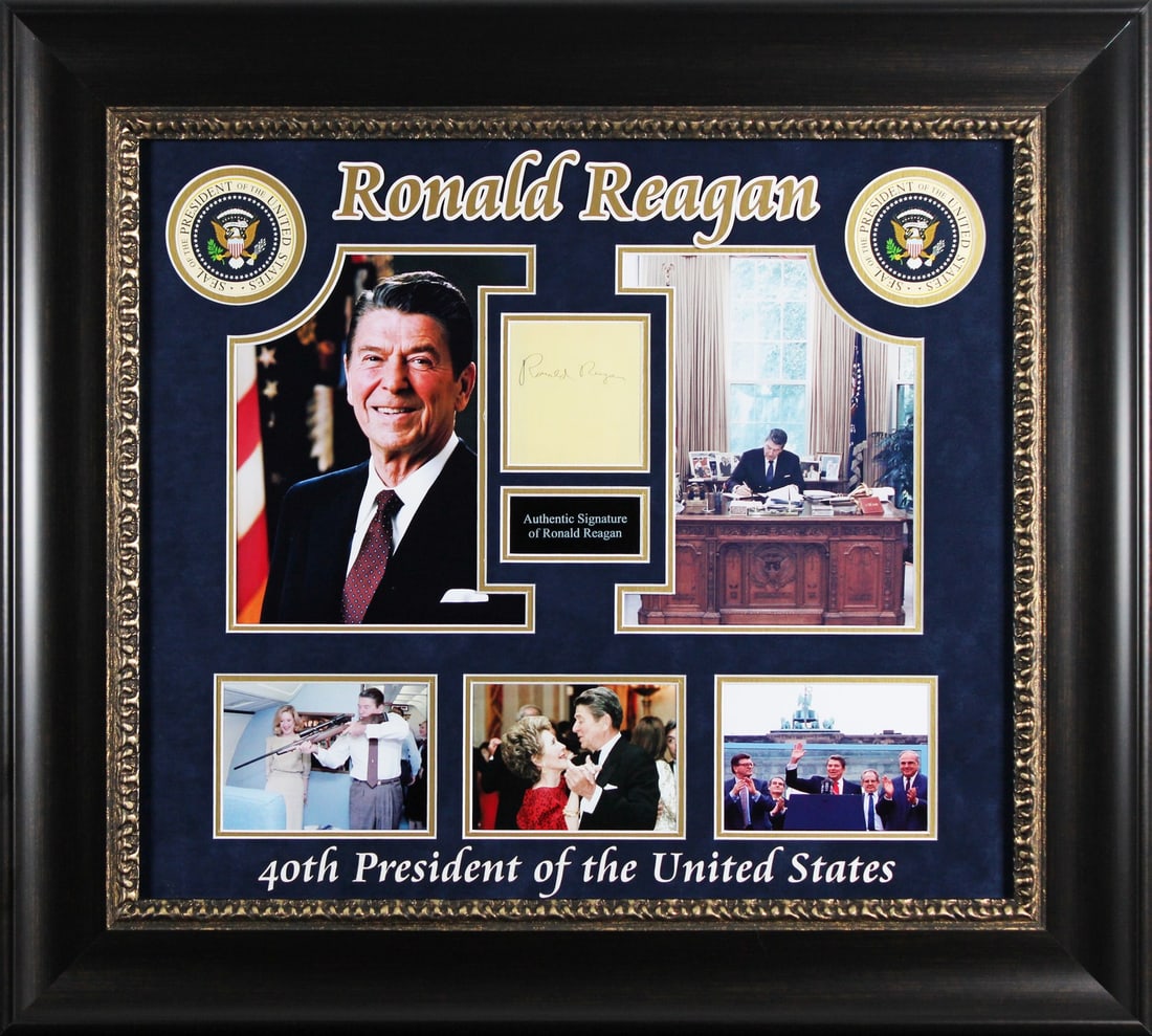Framed Ronald Reagan signed 3.5x4 cut signature display JSA (1 of 3)