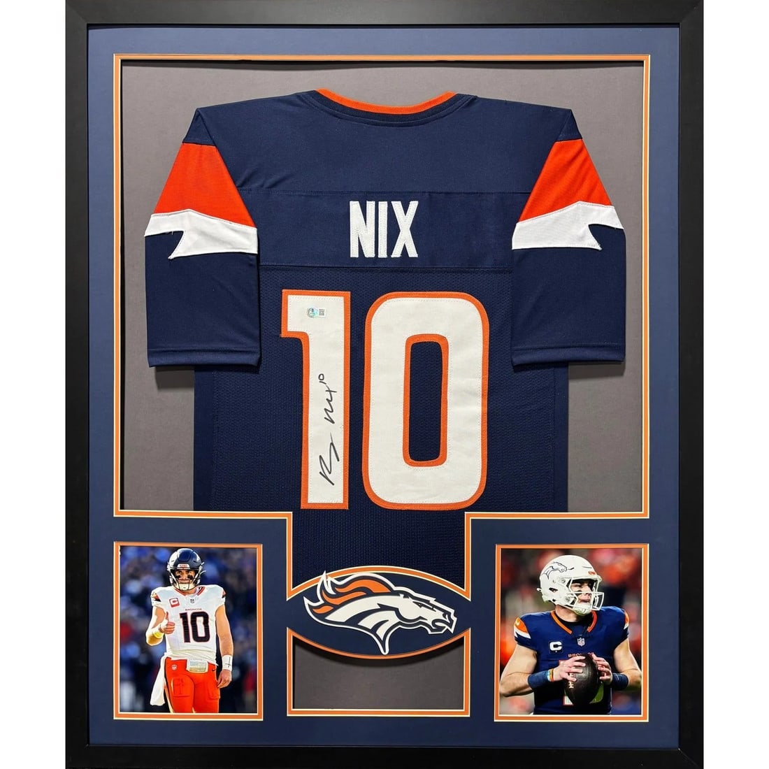 Framed Bo Nix Denver Broncos Autographed Jersey Beckett: Framed Bo Nix Denver Broncos Autographed Jersey Beckett This is a framed Denver Broncos jersey autographed by Bo Nix. The jersey is authenticated by Beckett and includes a tamper-proof sticker for ver
