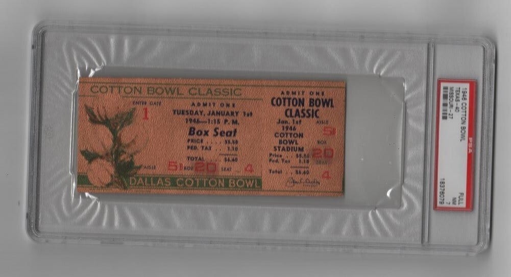 Texas vs Missouri 1946 Cotton Bowl Gold Full Ticket Featuring Bobby Layne PSA: Texas vs Missouri 1946 Cotton Bowl Gold Full Ticket Featuring Bobby Layne PSA This is an original full ticket from the 1946 Cotton Bowl featuring the game between Texas and Missouri, notable for the p