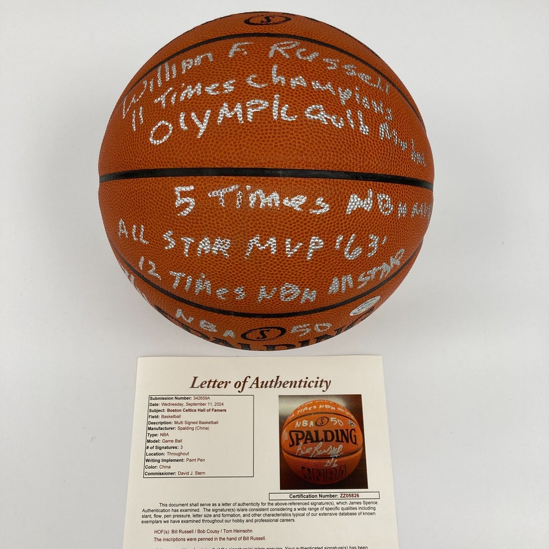 Bill Russell Signed NBA Basketball with Multiple Inscriptions JSA COA: Bill Russell Signed NBA Basketball with Multiple Inscriptions JSA COA This unique Spalding official NBA basketball is a remarkable piece of memorabilia signed by basketball legends Bill Russell, Tom H