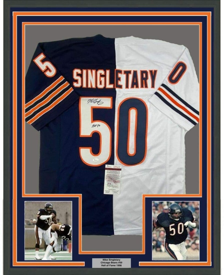 Framed Mike Singletary signed Chicago Bears split jersey JSA COA 33x42: Framed Mike Singletary signed Chicago Bears split jersey JSA COA 33x42 This professionally framed and matted Chicago Bears split jersey features the authentic signature of NFL Hall of Famer Mike Singl