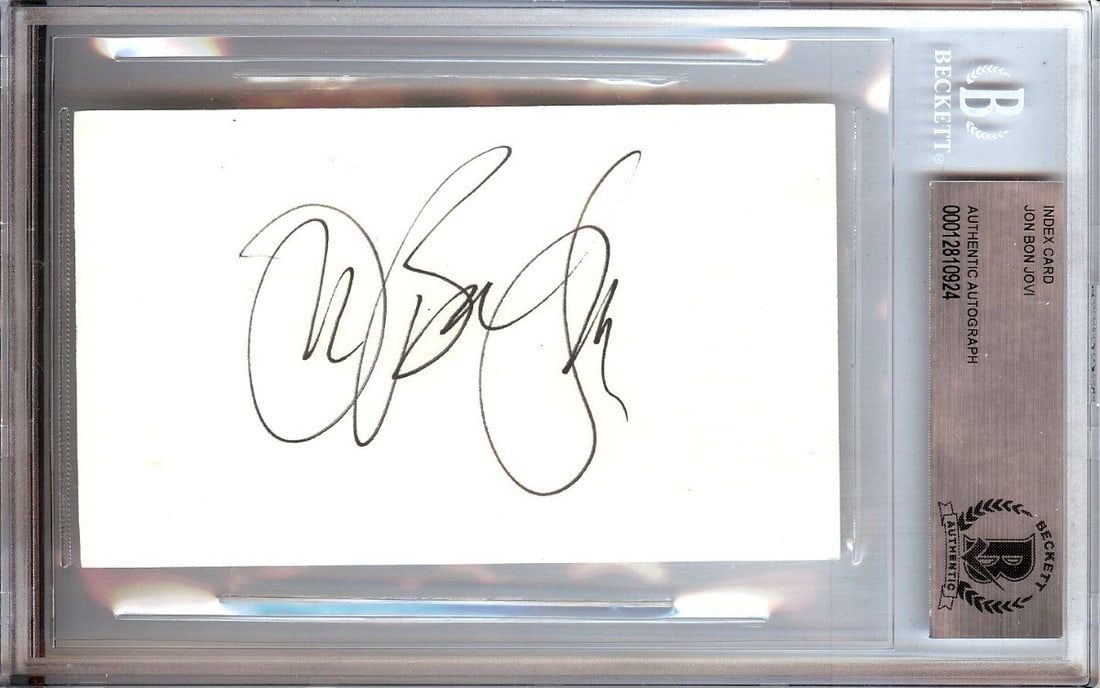 Jon Bon Jovi Autographed 3X5 Index Card Beckett Authenticated: Jon Bon Jovi Autographed 3X5 Index Card Beckett Authenticated This item features a genuine autographed 3x5 index card from the legendary rocker Jon Bon Jovi. The autograph has been authenticated by Be
