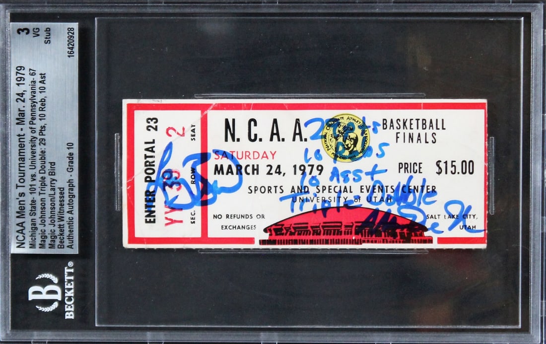 1979 NCAA Finals Ticket Stub Magic Johnson Larry Bird Beckett Slabbed: 1979 NCAA Finals Ticket Stub Magic Johnson Larry Bird Beckett Slabbed This is an original ticket stub from the March 24, 1979 NCAA Finals, personally signed by both Magic Johnson and Larry Bird. The t