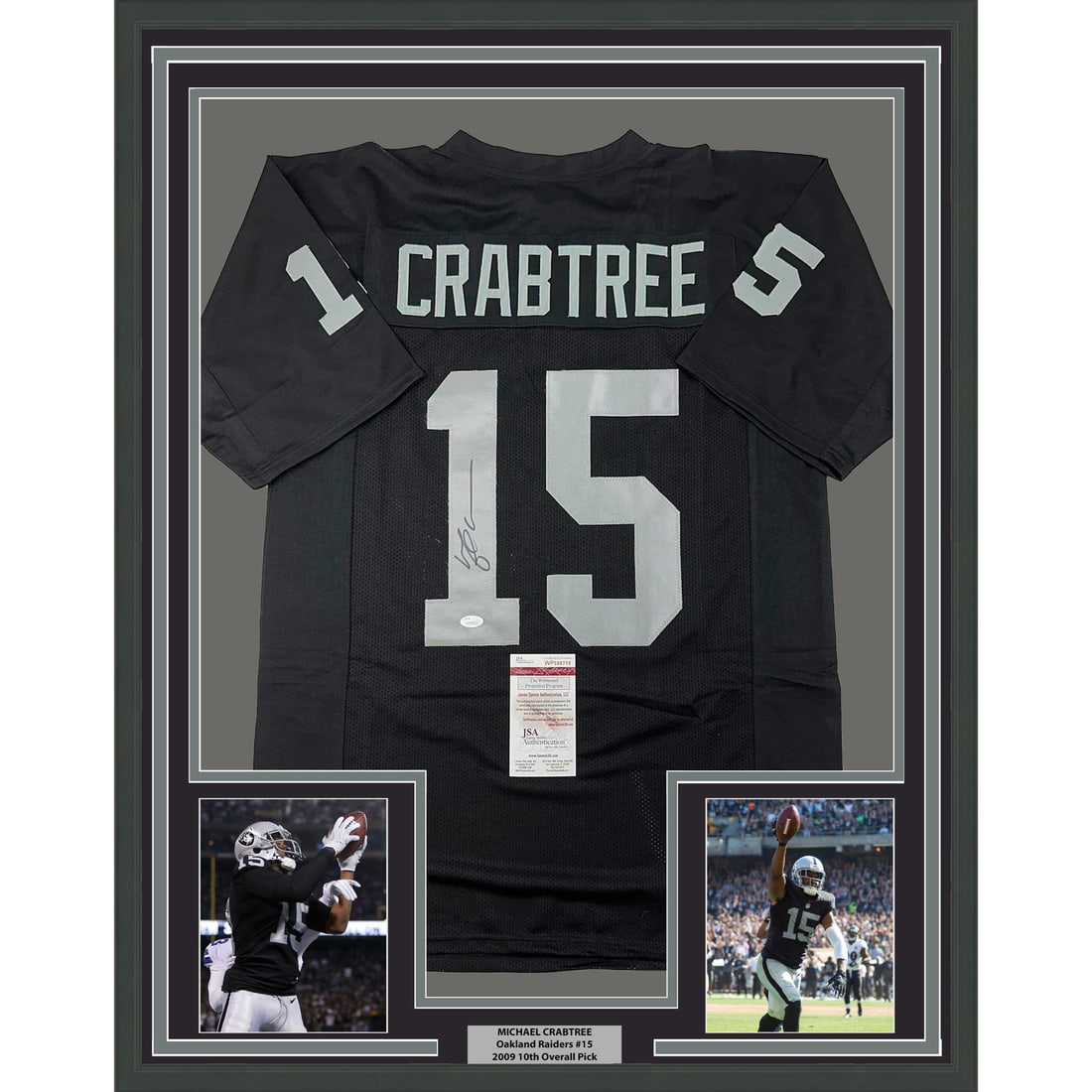 Framed Michael Crabtree Autographed Oakland Raiders Jersey JSA COA: Framed Michael Crabtree Autographed Oakland Raiders Jersey JSA COA Celebrate your passion for the NFL with this professionally framed and matted autographed Michael Crabtree black jersey from the Oakl