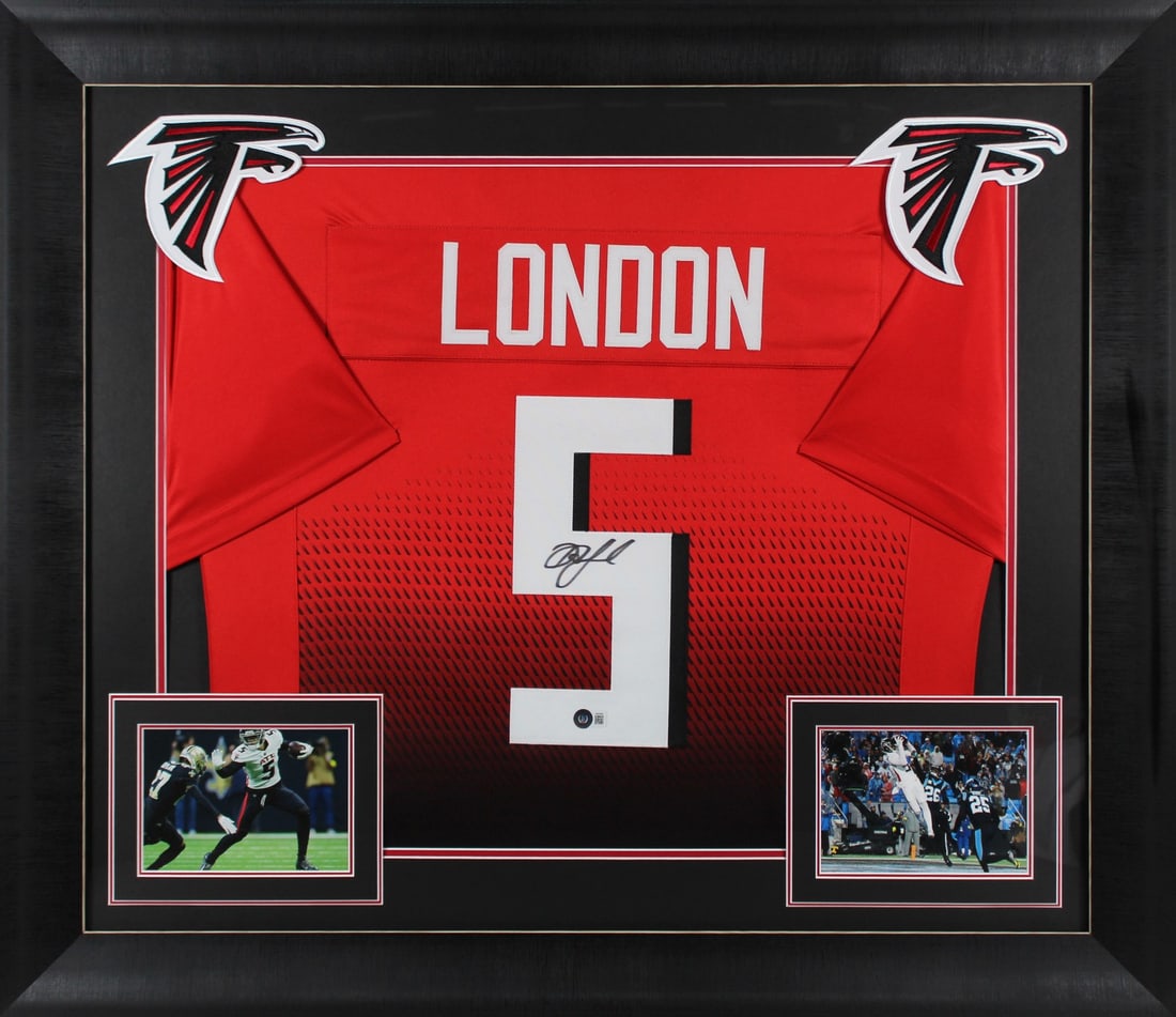 Framed Atlanta Falcons Drake London Signed Red Jersey Beckett Witnessed: Framed Atlanta Falcons Drake London Signed Red Jersey Beckett Witnessed Autographed red pro style framed jersey personally signed by Drake London of the Atlanta Falcons. The item is an original autogr
