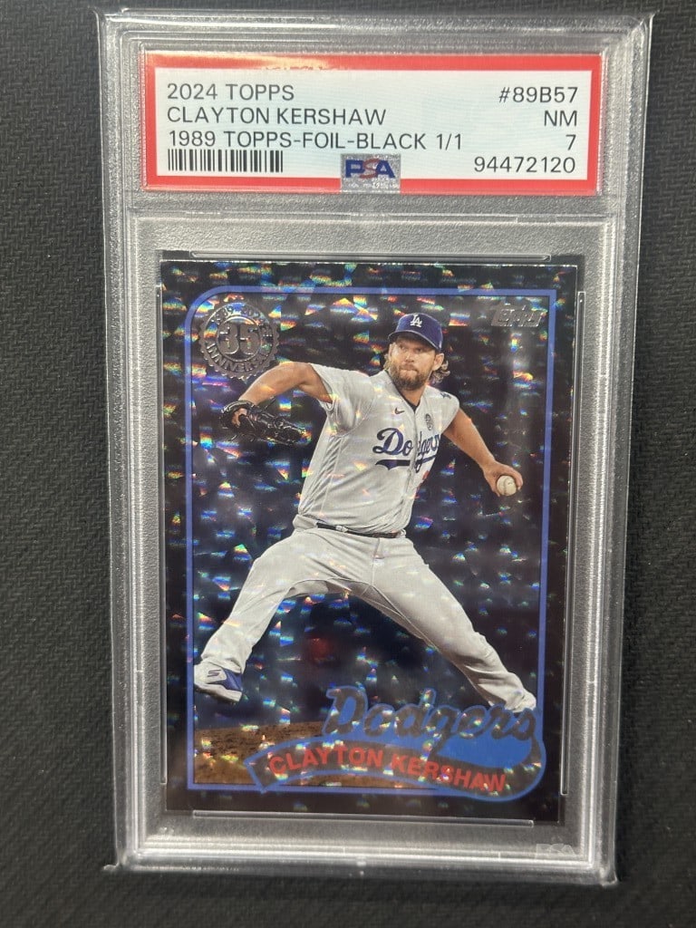 Clayton Kershaw 2024 Topps 1989 Black Foil PSA 7 Dodgers Card #89B57: Clayton Kershaw 2024 Topps 1989 Black Foil PSA 7 Dodgers Card #89B57 Celebrate the excellence of Clayton Kershaw with this 2024 Topps 1989 Black Foil Baseball Card. This unique card features a stunnin