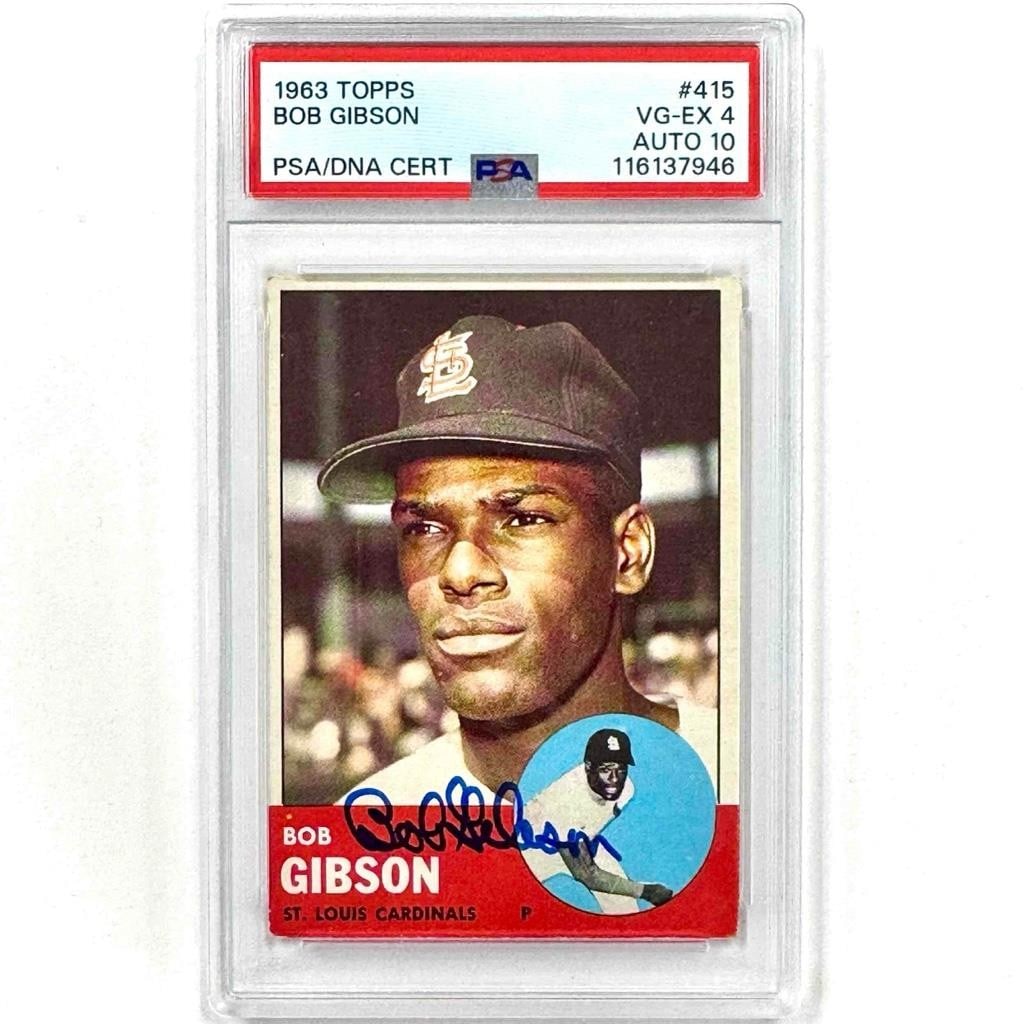 PSA 4 Bob Gibson 1963 Topps Cardinals autographed card #415: PSA 4 Bob Gibson 1963 Topps Cardinals autographed card #415 This is an original 1963 Topps #415 baseball trading card featuring Bob Gibson of the St. Louis Cardinals. The card is hard signed by Bob Gi