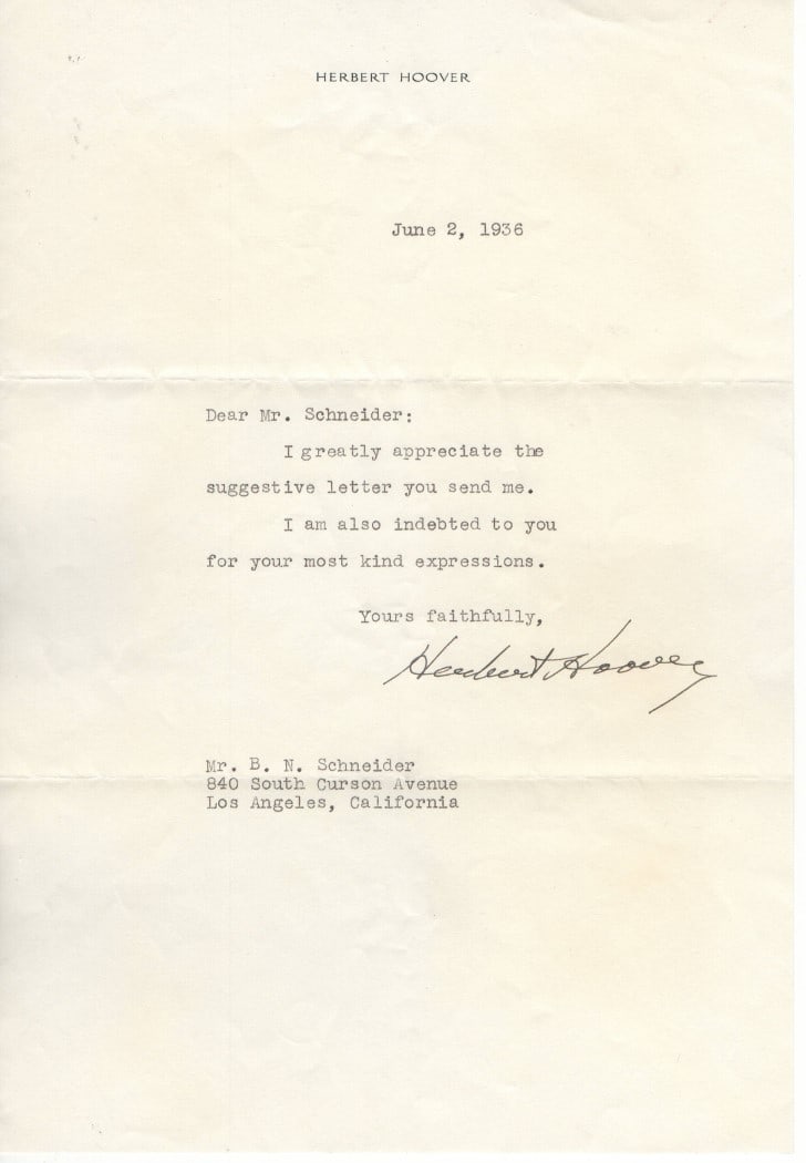 Hebert Hoover Signed 1936 Personal Letter Beckett Authenticated (1 of 2)