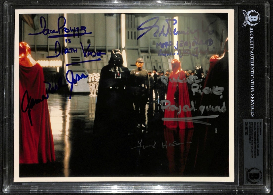 Star Wars Return of the Jedi 8x10 Photo Signed by 5 Actors Beckett Authenticated: Star Wars Return of the Jedi 8x10 Photo Signed by 5 Actors Beckett Authenticated This exceptional 8x10 color photograph from "Star Wars: Return of the Jedi" captures the iconic scene on the Death Star
