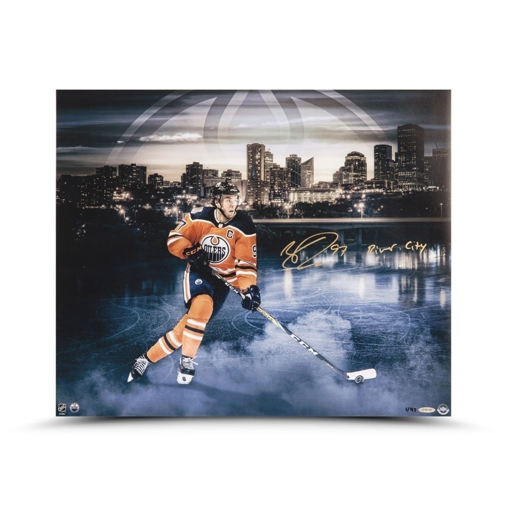 Connor McDavid Autographed 16X20 Photo River City Inscribed Limited Edition 97: Connor McDavid Autographed 16X20 Photo River City Inscribed Limited Edition 97 This stunning 16X20 photo features Connor McDavid, showcasing his skill on the ice with the inscription "River City". Thi