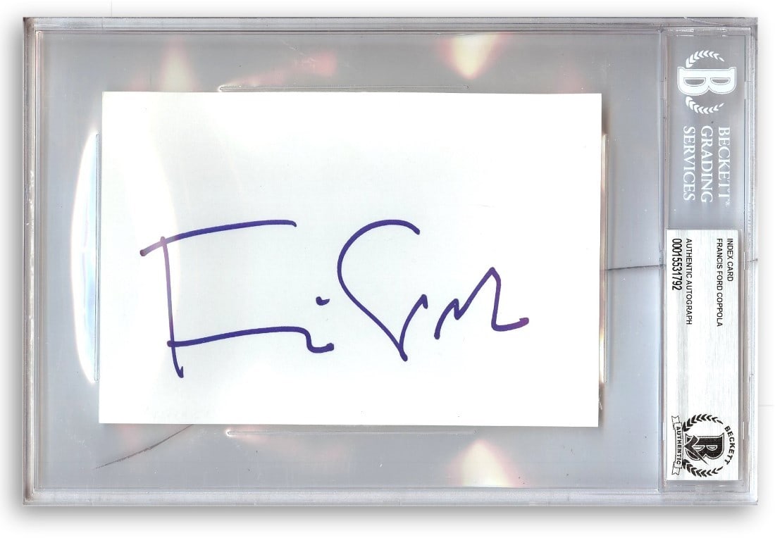 Autographed Francis Ford Coppola Index Card Beckett Authenticated The Godfather Director: Autographed Francis Ford Coppola Index Card Beckett Authenticated The Godfather Director This is an index card autographed by renowned director Francis Ford Coppola, known for his work on "The Godfath