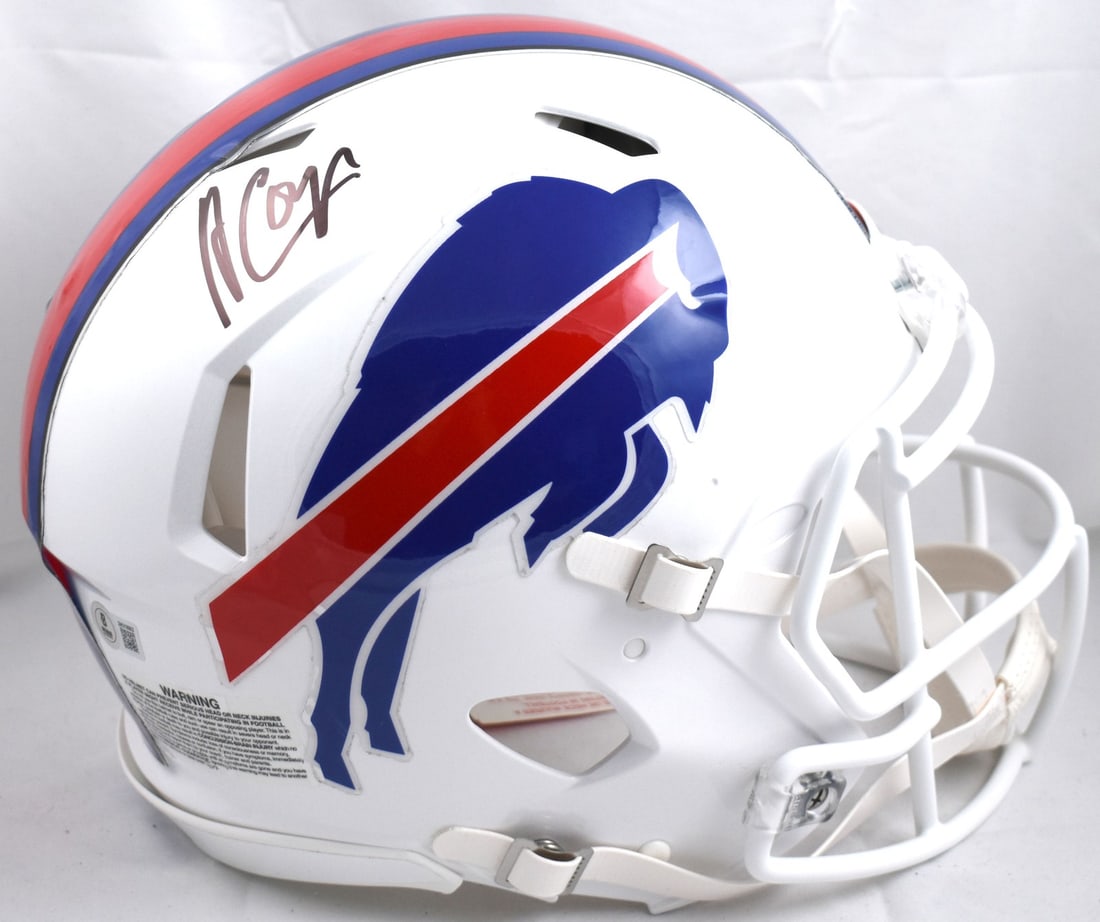 Buffalo Bills Amari Cooper autographed Speed helmet Beckett hologram: Buffalo Bills Amari Cooper autographed Speed helmet Beckett hologram This is a pre-owned Buffalo Bills full-size Speed Authentic football helmet signed by Amari Cooper. The helmet includes a Beckett W