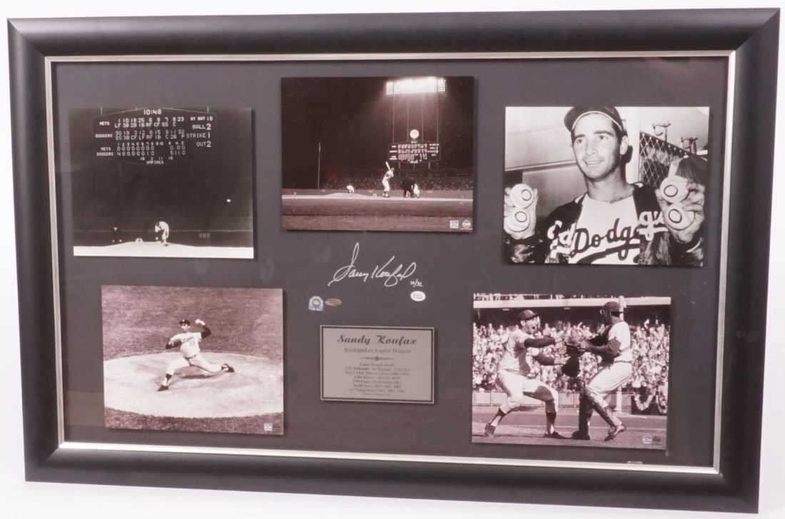 Sandy Koufax Signed No Hitter Framed Display 10/32 Steiner COA 40x22: Sandy Koufax Signed No Hitter Framed Display 10/32 Steiner COA 40x22 This stunning Sandy Koufax signed no-hitter photo display is a limited edition piece, numbered #10/32. The overall display measures