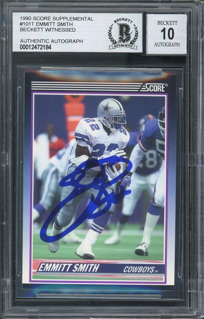 Emmitt Smith Signed 1990 Score #101T RC Card Gem Mint 10 BAS Slabbed: Emmitt Smith Signed 1990 Score #101T RC Card Gem Mint 10 BAS Slabbed This 1990 Score Supplemental #101T rookie card has been personally signed by Emmitt Smith, the legendary running back of the Dallas
