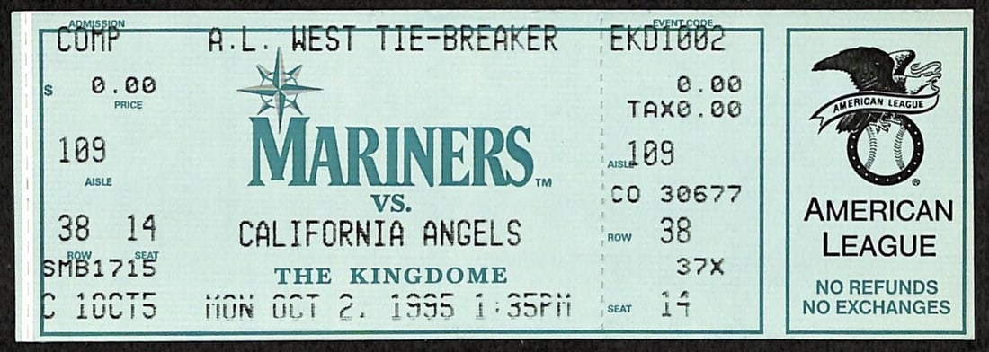 2004 AL West Tiebreaker Game Mariners vs Angels Full Ticket: 2004 AL West Tiebreaker Game Mariners vs Angels Full Ticket This is an original full ticket from the 2004 AL West Tiebreaker Game featuring the Seattle Mariners against the California Angels. The tick
