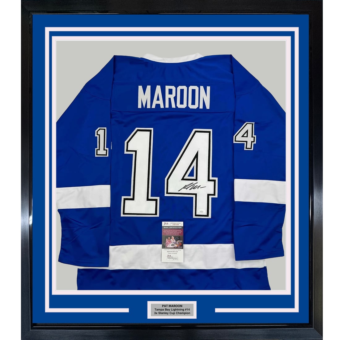Pat Maroon signed Tampa Bay blue jersey framed 35x39 JSA COA: Pat Maroon signed Tampa Bay blue jersey framed 35x39 JSA COA This framed display features a Tampa Bay Lightning blue hockey jersey autographed by Pat Maroon. The jersey is professionally framed and ma