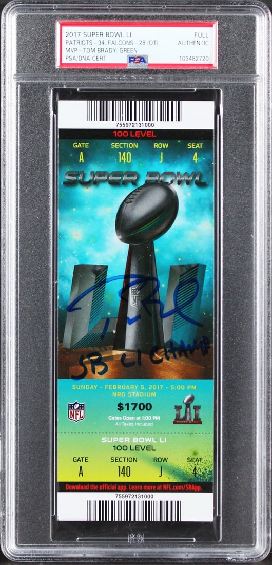Tom Brady Signed Super Bowl LI Ticket Stub with PSA Authentication: Tom Brady Signed Super Bowl LI Ticket Stub with PSA Authentication This is an original Super Bowl LI full ticket stub from the thrilling game between the New England Patriots and the Atlanta Falcons, 