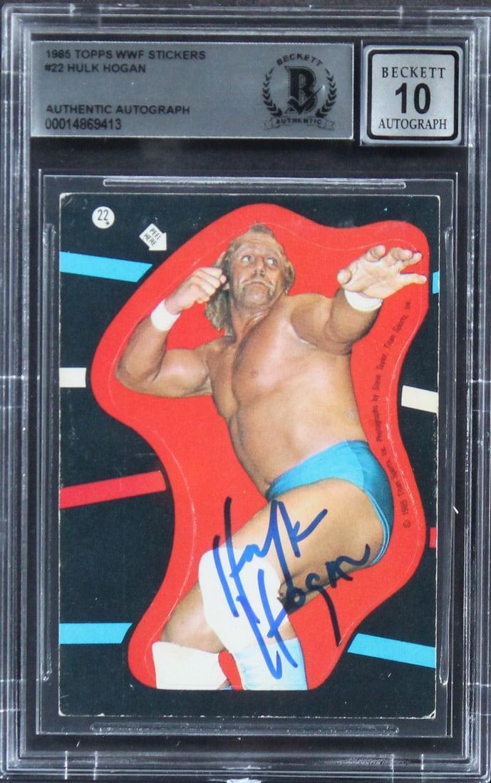 Beckett Slabbed Hulk Hogan 1985 Topps WWF Stickers #22 Auto Gem Mint 10: Beckett Slabbed Hulk Hogan 1985 Topps WWF Stickers #22 Auto Gem Mint 10 This is an original 1985 Topps WWF Stickers #22 card, personally signed by Hulk Hogan. The autograph has received a Gem Mint 10 