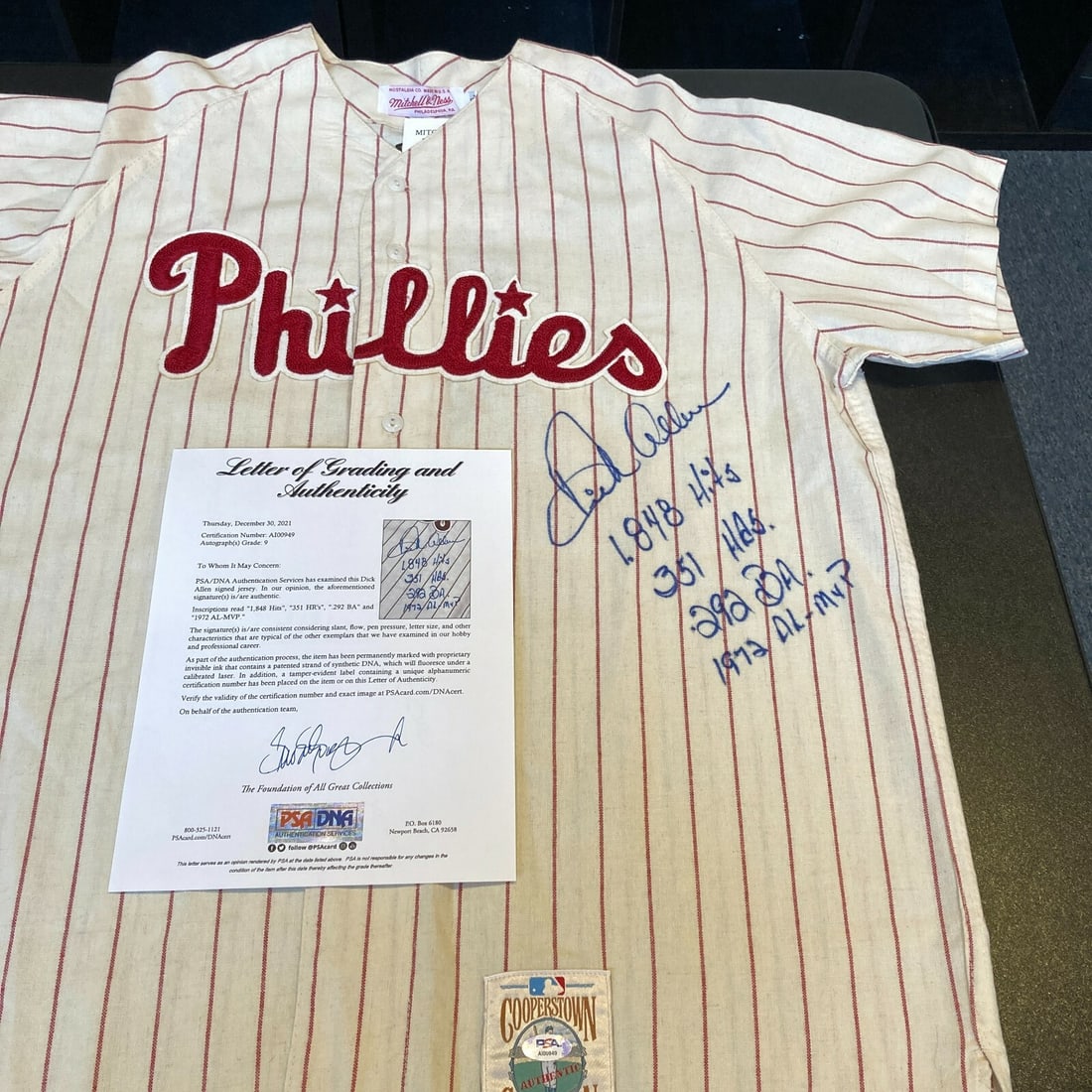 Dick Allen Signed Phillies Mitchell & Ness Game Jersey PSA DNA: Dick Allen Signed Phillies Mitchell & Ness Game Jersey PSA DNA This is an original Dick Allen signed Philadelphia Phillies jersey, featuring heavy inscriptions of his statistics. Authenticated by PSA 