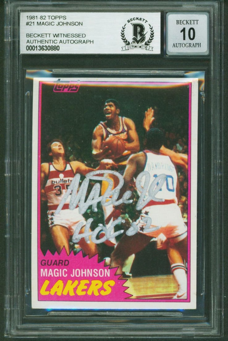 Magic Johnson Signed 1981 Topps #21 Card HOF 02 Gem Mint 10 Beckett: Magic Johnson Signed 1981 Topps #21 Card HOF 02 Gem Mint 10 Beckett This is a 1981 Topps #21 card featuring Magic Johnson, personally signed with the inscription "HOF 02". Graded as Gem Mint 10 by Bec