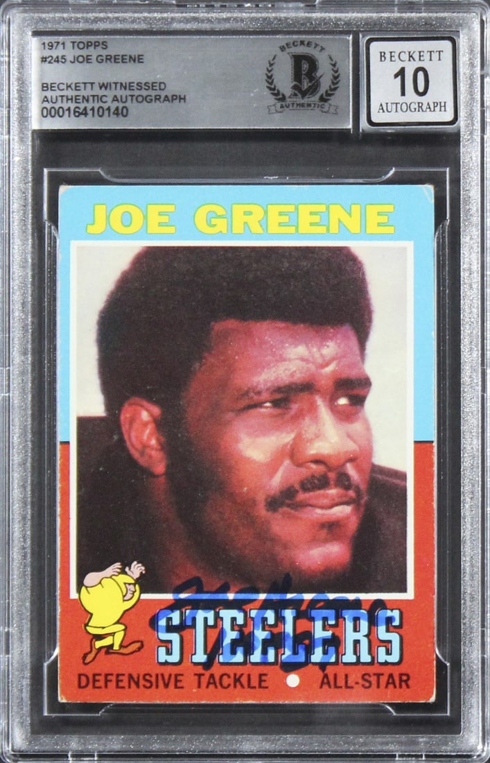 Joe Greene Signed 1971 Topps #245 RC Auto 10 HOF 87 Beckett Slabbed: Joe Greene Signed 1971 Topps #245 RC Auto 10 HOF 87 Beckett Slabbed This autographed 1971 Topps #245 rookie card features Joe Greene, a Hall of Fame player, with the inscription "HOF 87." Graded Gem M