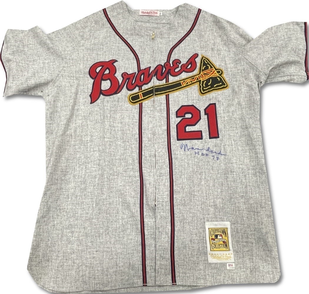 Warren Spahn Signed Braves Grey Jersey HOF 73 PSA Authenticated XL: Warren Spahn Signed Braves Grey Jersey HOF 73 PSA Authenticated XL This is an original Warren Spahn autographed Braves grey jersey, size XL, featuring his inscription 'HOF 73'. The jersey is authentic