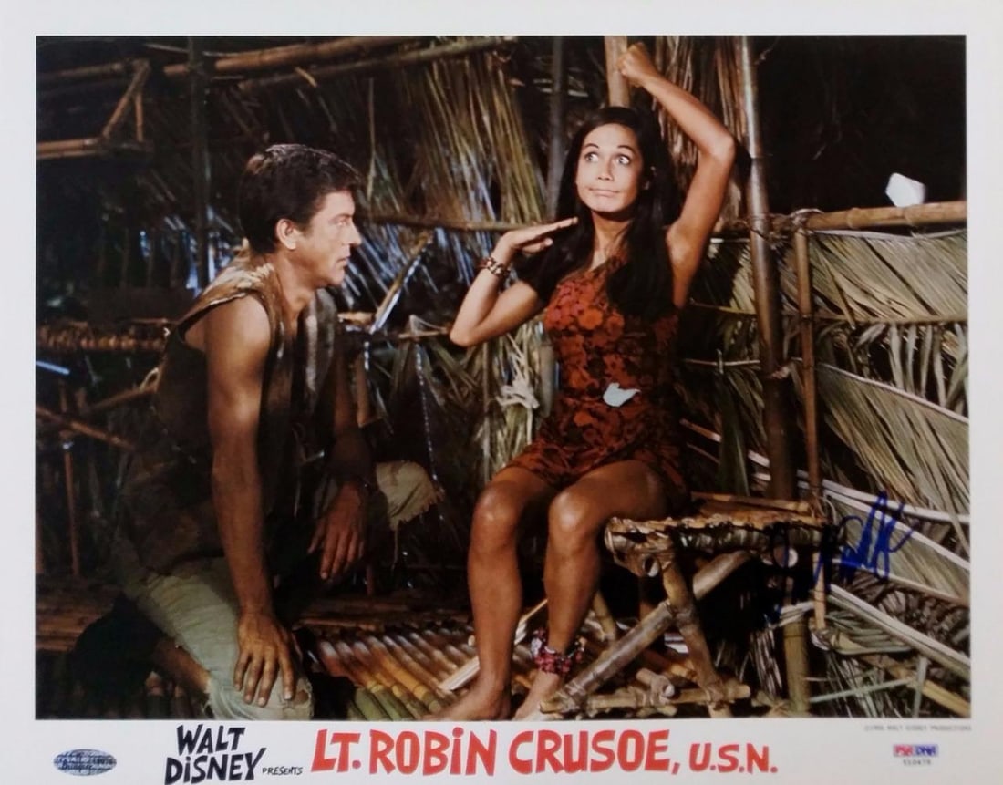 Dick Van Dyke Signed Lt. Robin Crusoe U.S.N. 11x14 Lobby Card PSA Authenticated: Dick Van Dyke Signed Lt. Robin Crusoe U.S.N. 11x14 Lobby Card PSA Authenticated This original 11x14 lobby card from the movie "Lt. Robin Crusoe U.S.N." features an authentic signature from the iconic 