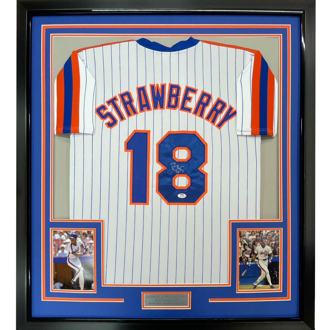 Framed Darryl Strawberry Signed Mets Pinstripe Jersey PSA COA 33x42: Framed Darryl Strawberry Signed Mets Pinstripe Jersey PSA COA 33x42 This framed New York Mets pinstripe jersey features the autograph of Darryl Strawberry. The jersey measures 33x42 inches and