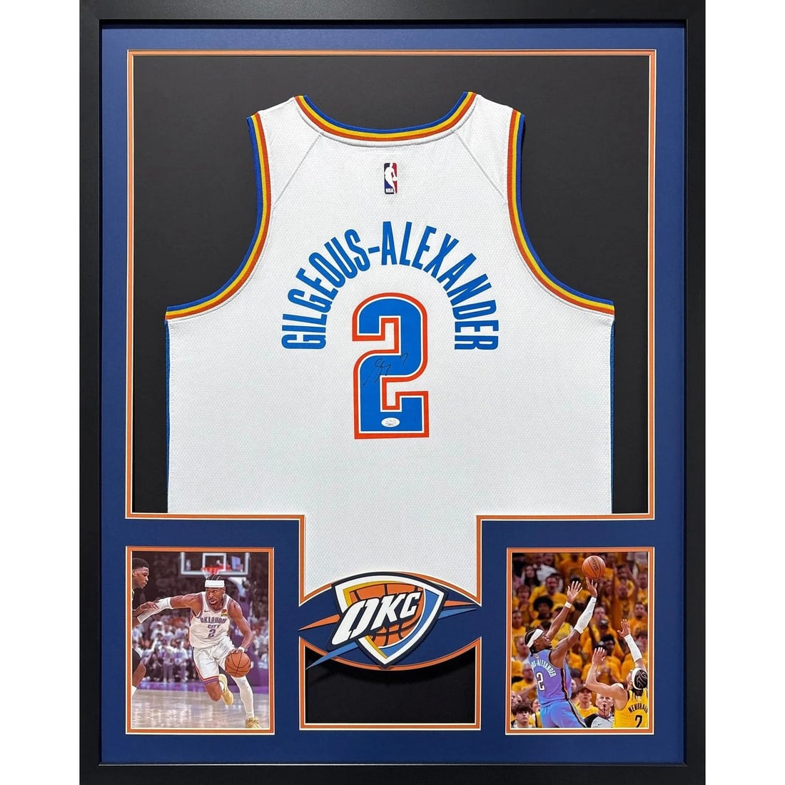 Framed autographed Thunder jersey by SGA with JSA authentication: Framed autographed Thunder jersey by SGA with JSA authentication This framed Oklahoma City Thunder jersey features the autograph of Shai Gilgeous-Alexander. The jersey is professionally framed with at