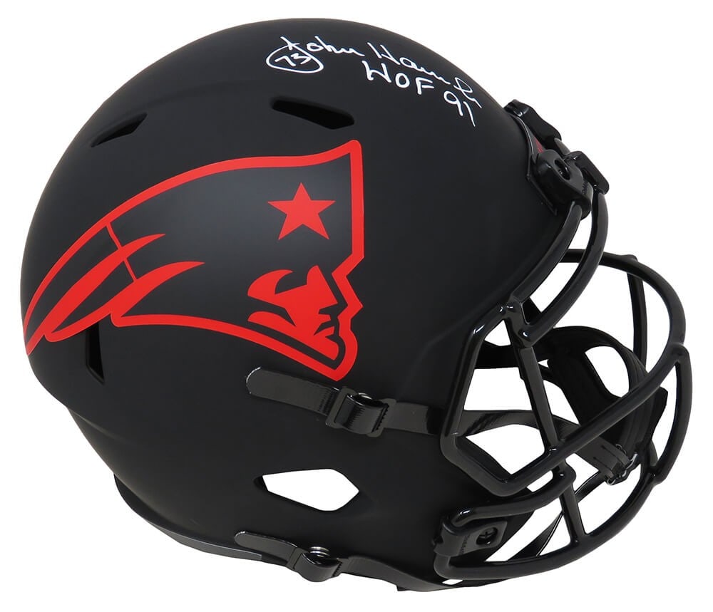 John Hannah Signed Patriots Eclipse Helmet HOF 91 with COA: John Hannah Signed Patriots Eclipse Helmet HOF 91 with COA This is a signed New England Patriots Eclipse black matte Riddell full-size speed replica helmet, featuring the autograph of legendary
