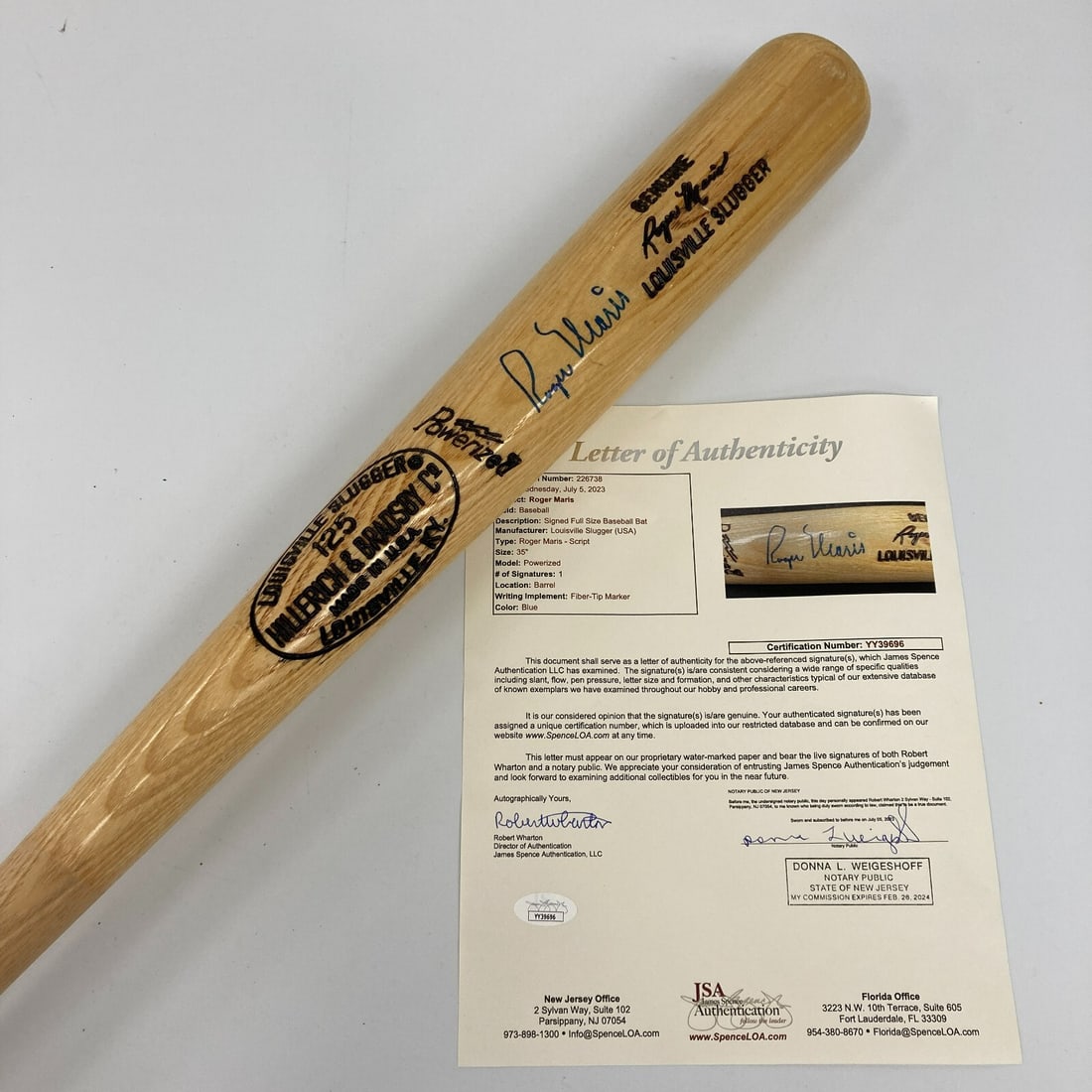 Rare Roger Maris Signed Louisville Slugger K55 Bat JSA COA: Rare Roger Maris Signed Louisville Slugger K55 Bat JSA COA Presenting a remarkable Roger Maris signed Louisville Slugger "K55" game model baseball bat, authenticated by James Spence Authentication (JS