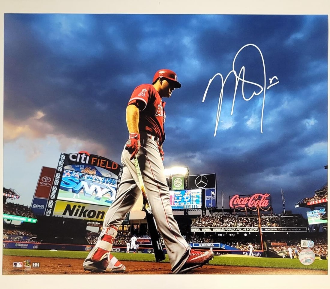 Mike Trout Signed 16x20 Photo Los Angeles Angels MLB Authenticated: Mike Trout Signed 16x20 Photo Los Angeles Angels MLB Authenticated This is an original 16x20 photo of Mike Trout, signed by the baseball star himself. The photograph features Trout in action and is ce