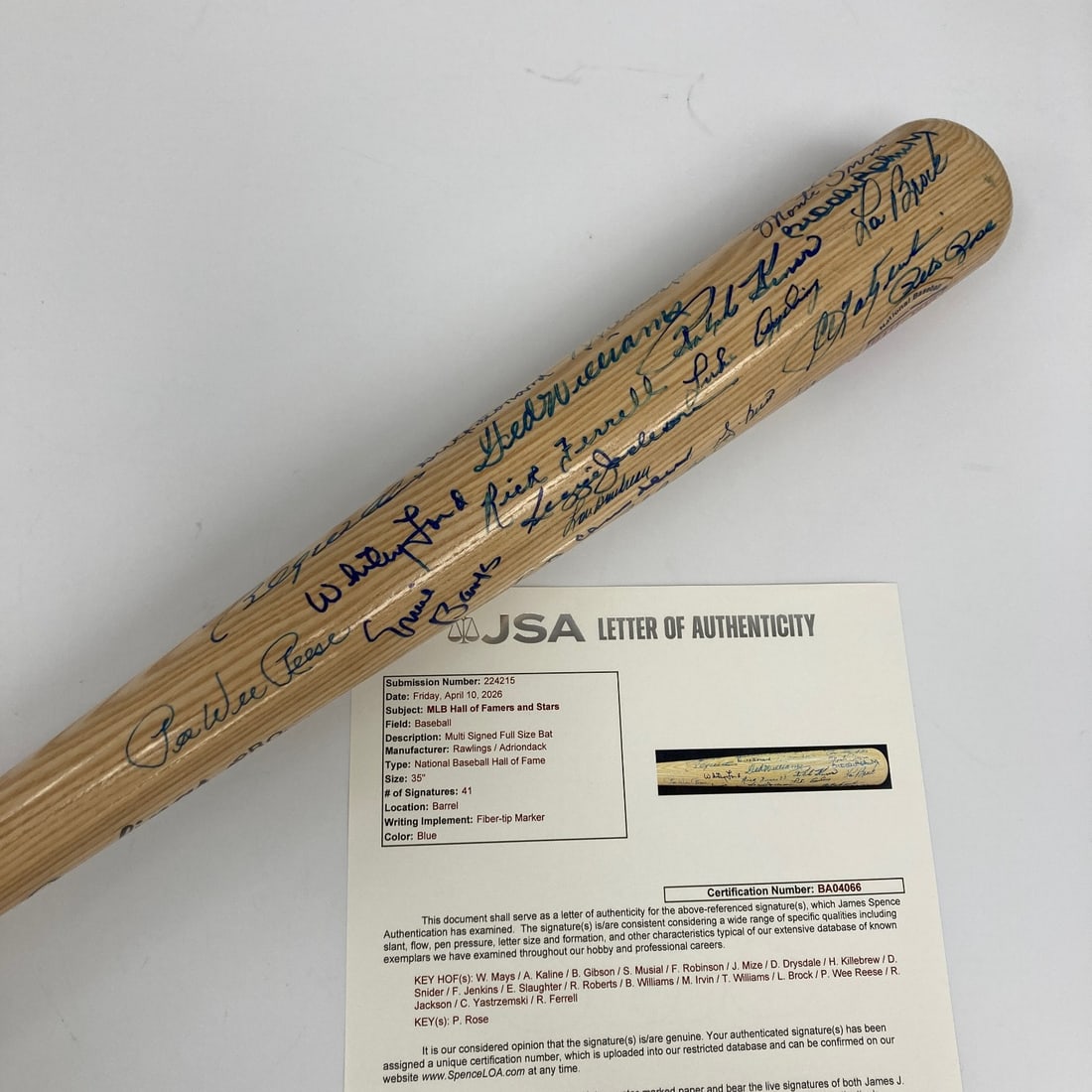 JSA Hall of Fame 41-Signature Adirondack Pro Ring Bat: JSA Hall of Fame 41-Signature Adirondack Pro Ring Bat This original Hall of Fame baseball bat features an impressive collection of 41 signatures from legendary players, including Ted Williams, Willie 