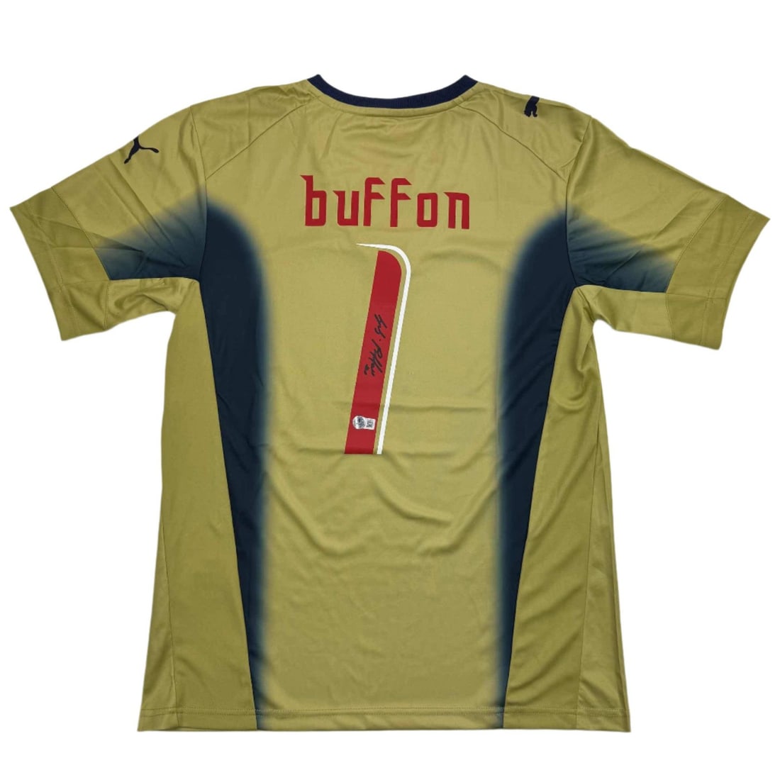 Gianluigi Buffon Autographed Italy Gold Soccer Jersey Beckett COA: Gianluigi Buffon Autographed Italy Gold Soccer Jersey Beckett COA This authentic autographed Gianluigi Buffon Italy Gold Soccer Jersey is a must-have for any soccer fan. Featuring the legendary goalke