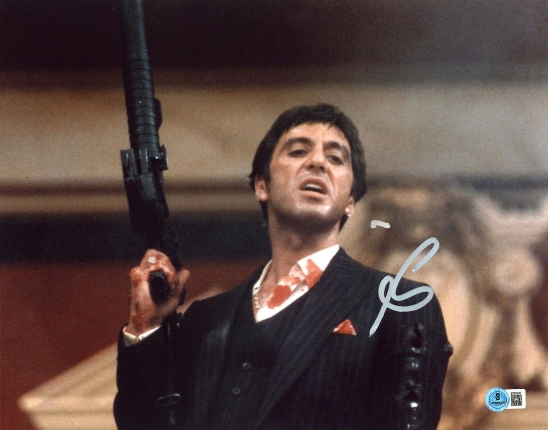 Al Pacino Scarface Signed 11x14 Photo with Beckett Authentication: Al Pacino Scarface Signed 11x14 Photo with Beckett Authentication This stunning horizontal 11x14 photograph features the iconic Al Pacino, personally signed, capturing a moment from the legendary film