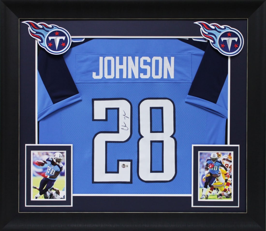 Chris Johnson Signed Tennessee Titans Blue Jersey Framed BAS Authenticated: Chris Johnson Signed Tennessee Titans Blue Jersey Framed BAS Authenticated Celebrate the legacy of Chris Johnson with this authentic signed blue pro style framed jersey from the Tennessee Titans. Pers