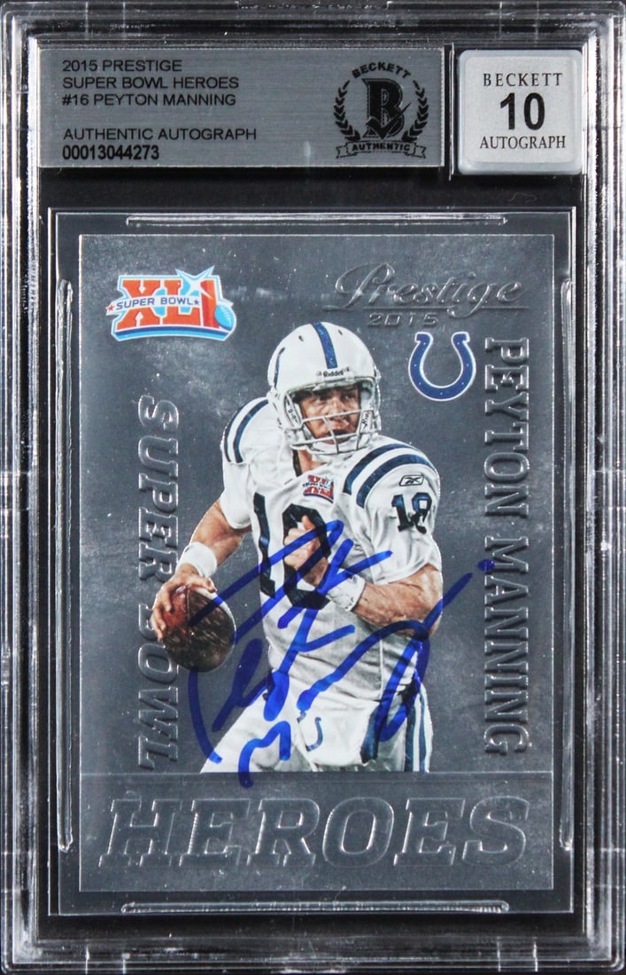 Peyton Manning 2015 Prestige Super Bowl Heroes #16 Autographed BAS Slabbed: Peyton Manning 2015 Prestige Super Bowl Heroes #16 Autographed BAS Slabbed This is an original 2015 Prestige Super Bowl Heroes #16 trading card, personally signed by Peyton Manning of the Indianapolis