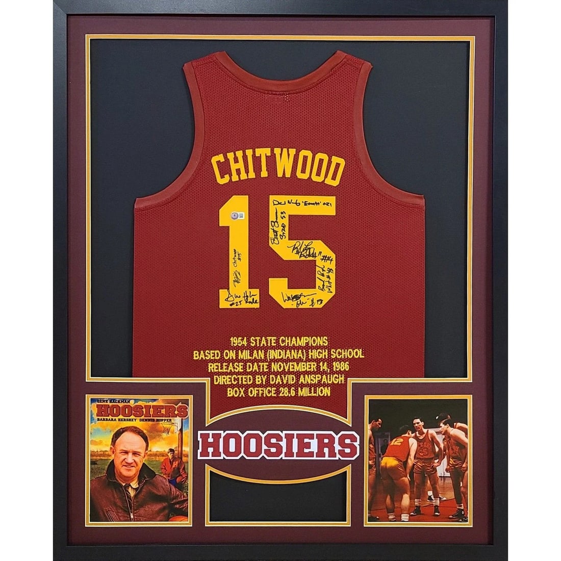 Hoosiers Autographed Framed Jersey Signed by Cast Beckett Certified: Hoosiers Autographed Framed Jersey Signed by Cast Beckett Certified Celebrate the iconic film "Hoosiers" with this beautifully framed autographed jersey signed by the cast. Authenticated by Beckett, a