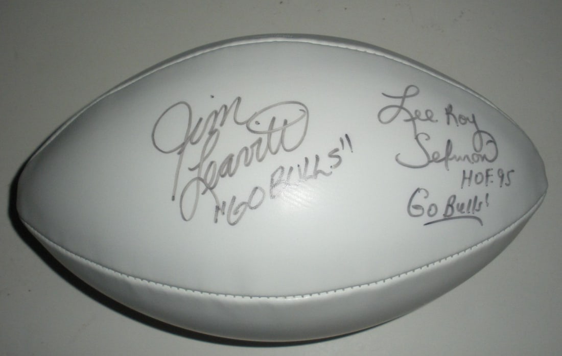 Signed USF Bulls Football Lee Roy Selmon Jim Leavitt With Certificate Of Authenticity: Signed USF Bulls Football Lee Roy Selmon Jim Leavitt With Certificate Of Authenticity This is a rare USF Bulls football signed by Lee Roy Selmon and Jim Leavitt. The ball is an original item from the 