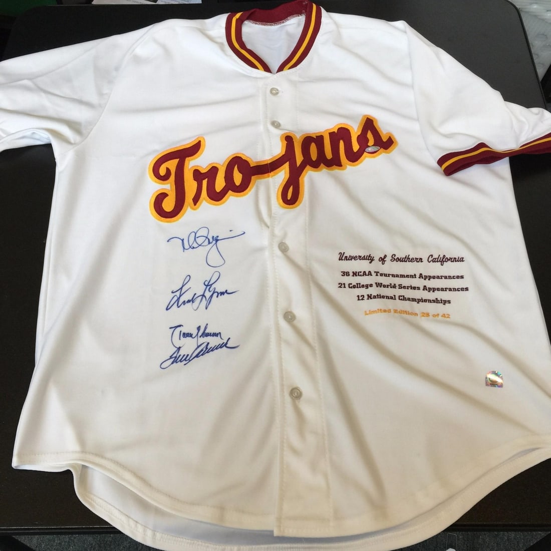 USC Trojans baseball jersey signed by McGwire Johnson Seaver JSA: USC Trojans baseball jersey signed by McGwire Johnson Seaver JSA This rare USC Trojans baseball jersey is signed by Mark McGwire, Randy Johnson, Tom Seaver, and Fred Lynn. Only 42 of these original je